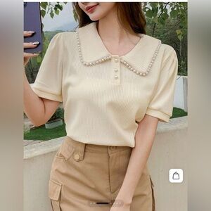 Chic Pearl-Trimmed Women's Blouse